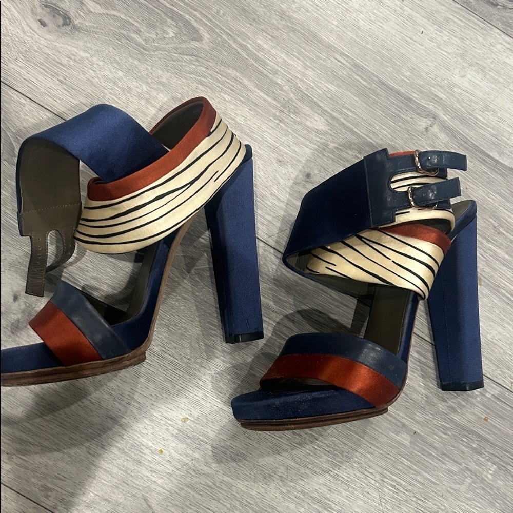 BALENCIAGA PARIS Blue and Bronze Satin Platform Women's Heels sz 36 - Picture 2 of 15